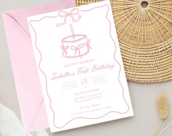 May include: A pink and white invitation card with a pink cake illustration and the text "JOIN US TO CELEBRATE Isabella's First Birthday" with the date "SATURDAY 18 MARCH". The invitation also includes the address "THE SMITH HOME 150 West Country La Yarmouth, MA 09255" and the text "Kindly Reply TO KATE KATZ@GMAIL.COM".