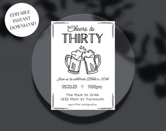 30th Birthday Invitation Template, Male 30th birthday invite, Cheers to 30 Years Invitation, Whimsical Thirty Invite template, Beer 30th