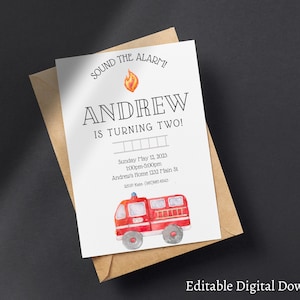 Firetruck Invitation - Firetruck Birthday Invite - Sound the Alarm - Fireman - Fire Engine Party - Watercolor - Invite - EDITABLE - DIY