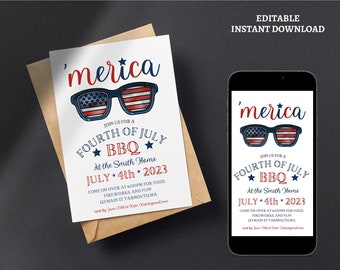 EDITABLE 4th of July Invitation Template, Printable Fourth of July Celebration Invitation ,Backyard BBQ Fireworks, Neighborhood Block Party