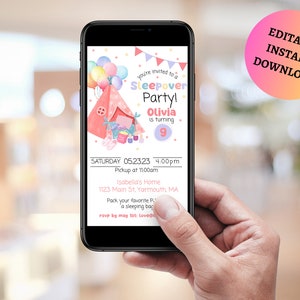 Editable Slumber Party Birthday Invitation Sleepover Birthday Invite Pink Girl Spa Tween Teen Digital Download Printable Template, sleepover