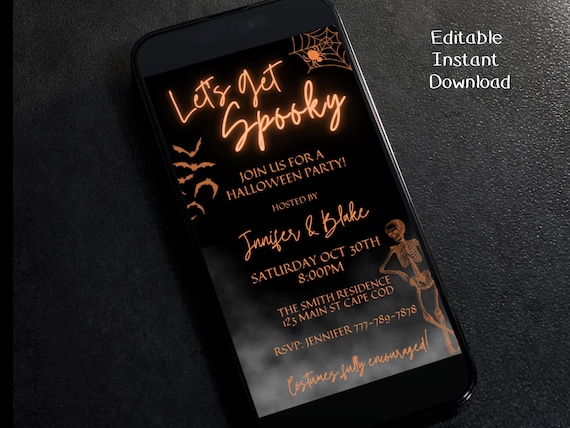 Digital Halloween Party Invitation, Electronic Halloween Evite, Neon Let's Get Spooky Scary Monsters, Editable Template, Instant Download