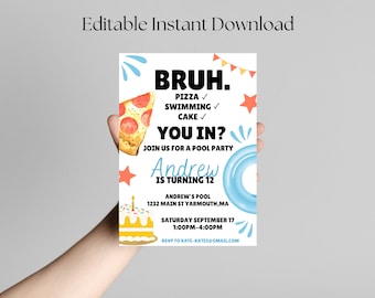 Bruh Birthday Invitation, Bruh It's My Birthday Invite, Teenager Birthday, Teen Boy Pool Birthday Party Invitation Digital