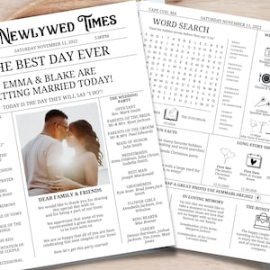 May include: A black and white newspaper-style wedding announcement for Emma and Blake. The announcement includes a photo of the couple, a wedding timeline, and a word search puzzle. The headline reads "The Newlywed Times" and "The Best Day Ever".