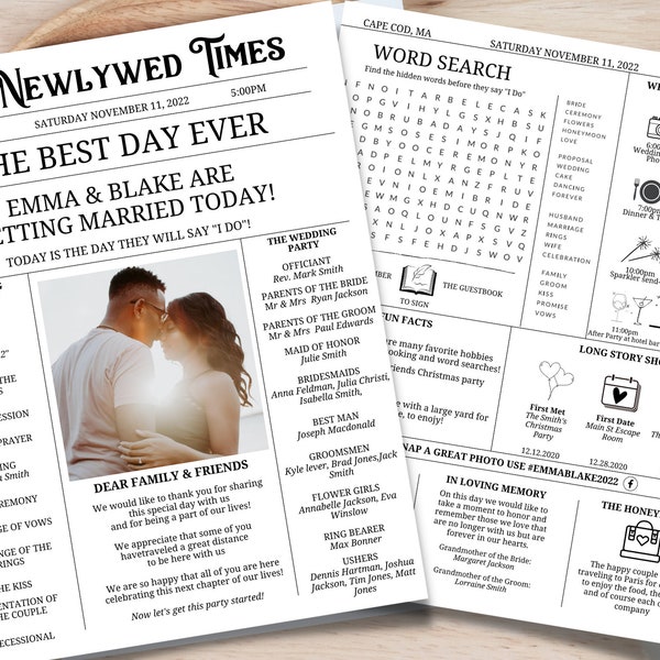 Newspaper Wedding Program Template, Editable Wedding Newspaper Program, Printable Wedding Infographic, Folded Wedding Day Program, Crossword