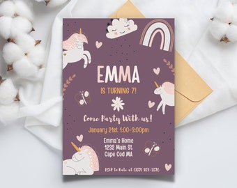 Editable Unicorn Birthday Invitation Magical Party Invite Girl Pink Pastel First Digital Unicorn Party Template Rainbow Download
