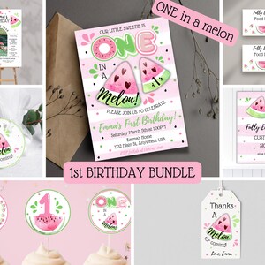 Editable Watermelon Invitation Birthday Invitations Pink Watermelon Party One in a Melon 1st Birthday, First Birthday Bundle, Complete set