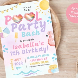 Pool Party Birthday Invitation, Pool Birthday Party, Summer Girl Birthday Party, Swimming Party, Editable Template Instant Download, Pool