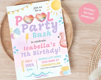 Pool Party Birthday Invitation, Pool Birthday Party, Summer Girl Birthday Party, Swimming Party, Editable Template Instant Download, Pool