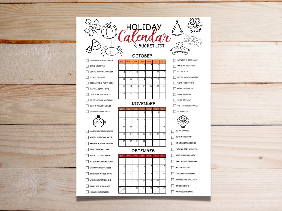 Printable Fall Calendar Poster, Fall Activities Calendar, Autumn ...