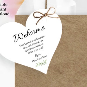 Editable Wedding Welcome Bag Tags, Tote Bag Tags for Hotel Wedding Destination Guests, Greenery Gift Bag Tags. heart favor Tags, Wedding