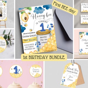 Editable First Bee Day Invitation Bundle, Honey Bee First Birthday Pack, Instant Download, Birthday Girl, Milestone, Welcome, First BEE day