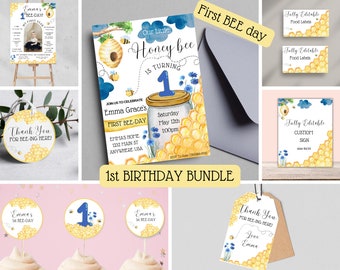 Bewerkbare eerste Bee Day uitnodigingsbundel, Honey Bee eerste verjaardagspakket, Instant Download, feestvarken, mijlpaal, welkom, eerste BEE-dag