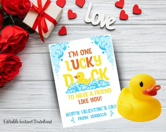 Editable Rubber Duck Valentine's Day Printable, Lucky Duck Valentine, One Lucky Duck, Classmate, For Kids Non Food, School Preschool Daycare