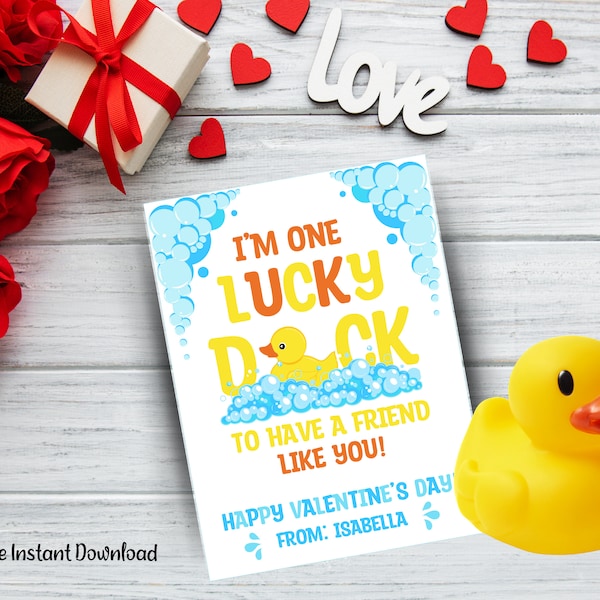 Editable Rubber Duck Valentine's Day Printable, Lucky Duck Valentine, One Lucky Duck, Classmate, For Kids Non Food, School Preschool Daycare