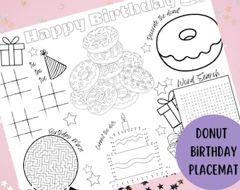 Donut Birthday Party Placemat Activity Sheet,Birthday Printable for Kids Party, Kids activity sheet, Kids party printable,Kids coloring