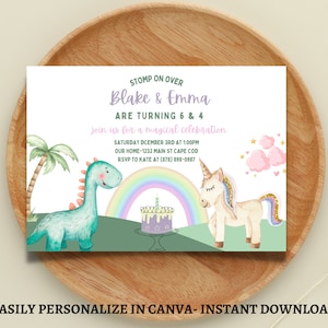 Unicorn and Dinosaur Birthday Invitation, Sibling Birthday, Joint Birthday, Dinosaurs, Unicorns, Editable Template INSTANT DOWNLOAD