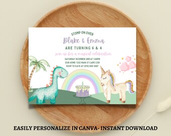 Unicorn and Dinosaur Birthday Invitation, Sibling Birthday, Joint Birthday, Dinosaurs, Unicorns, Editable Template INSTANT DOWNLOAD