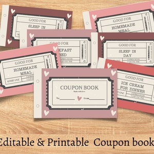 Libro de cupones de amor imprimible para ella y para él, cupón personalizable para San Valentín, regalo para él, regalo para esposo, regalo de aniversario, vales de amor