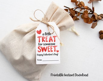 May include: A white gift bag with a red and white Valentine's Day gift tag that says "a little TREAT for someone SWEET. Happy Valentine's Day! From:"