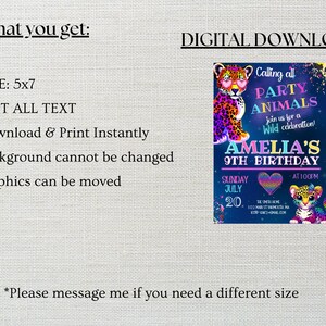 Puede incluir: Una invitaci&oacute;n digital para descargar para una fiesta de cumplea&ntilde;os de 9 a&ntilde;os. La invitaci&oacute;n presenta un fondo azul con un coraz&oacute;n rosa, amarillo y azul, un guepardo y un unicornio. El texto dice "Calling all PARTY ANIMALS Join us for a Wild celebration! AMELIA'S 9TH BIRTHDAY SUNDAY JULY 20. AT 1:00PM".