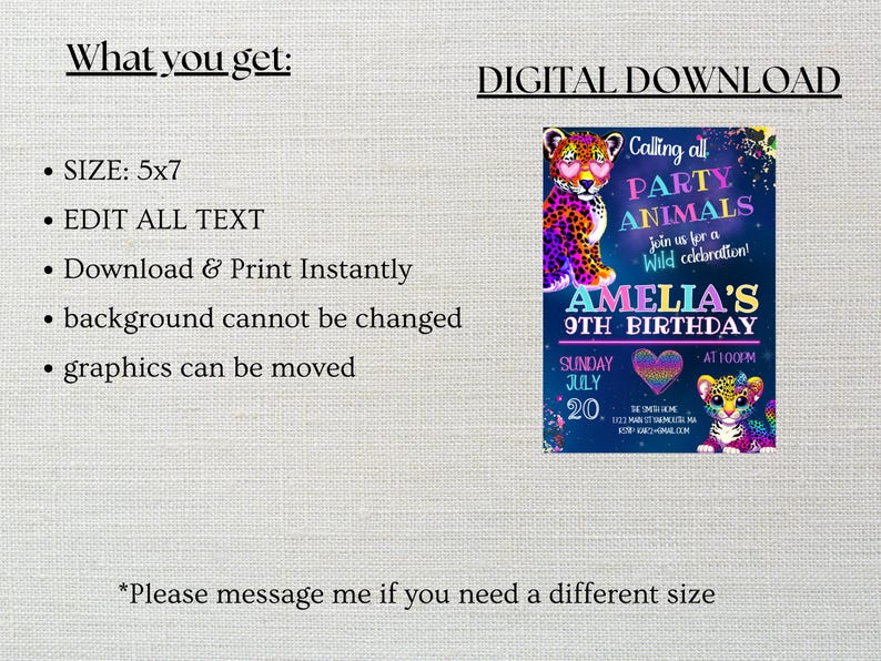 Puede incluir: Una invitaci&oacute;n digital para descargar para una fiesta de cumplea&ntilde;os de 9 a&ntilde;os. La invitaci&oacute;n presenta un fondo azul con un coraz&oacute;n rosa, amarillo y azul, un guepardo y un unicornio. El texto dice "Calling all PARTY ANIMALS Join us for a Wild celebration! AMELIA'S 9TH BIRTHDAY SUNDAY JULY 20. AT 1:00PM".