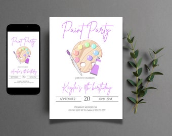 Könnte beinhalten: Lilafarbene Einladung zu einer Malparty mit einem Pinsel und einer Palette. Die Einladung lautet "Feiern Sie mit uns Kaylas 8. Geburtstag" und enthält Datum, Uhrzeit und Ort.