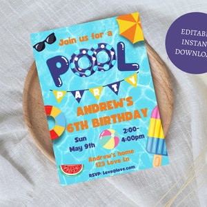 pool party invitation, editable pool birthday party invitation, boy pool party invite,swimming birthday invitation template,swim party