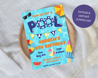 Pool-Party-Einladung, bearbeitbare Pool-Geburtstags-Party-Einladung, Jungen-Pool-Party-Einladung, Schwimm-Geburtstagseinladungsvorlage, Schwimmparty