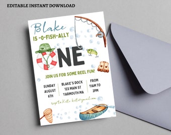 Editable Fishing 1st Birthday Party Invitation O-Fish-Ally One Boy 1st Birthday Fisherman Party Gone Fishing Party Instant Download