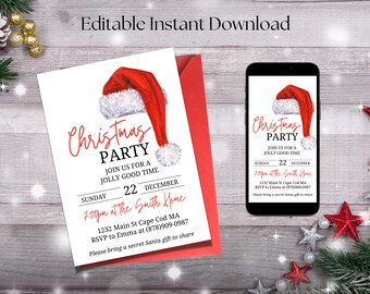 May include: Editable Christmas party invitation template with a red Santa hat illustration. The invitation includes the text "Christmas Party", "Join us for a Jolly Good Time", "Sunday, December 22", "7:00pm at the Smith Home", "1232 Main St Cape Cod MA", "RSVP to Emma at (878)909-0987", and "Please bring a secret Santa gift to share".