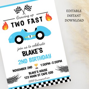 Editable TWO Fast Birthday Invitation Race Car 2nd Birthday Invite Racing Car Vintage Racecar Printable Template Instant Download