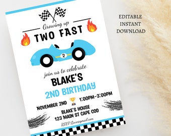 Editable TWO Fast Birthday Invitation Race Car 2nd Birthday Invite Racing Car Vintage Racecar Printable Template Instant Download