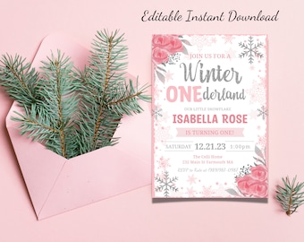 May include: A pink and white printable invitation for a Winter Wonderland themed first birthday party. The invitation features a snowflake design, pink roses, and the text "Join us for a Winter One-derland. Our little snowflake Isabella Rose is turning one! Saturday 12.21.23 1:00pm The Celli Home 232 Main St Yarmouth MA RSVP to Kate at (989) 987-0987".