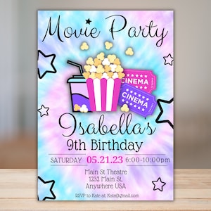 FILM-EINLADUNG MÄDCHEN Kino-Einladung Geburtstag Editierbare Film-Party-Geburtstags-Einladung Hinterhof Film-Party-Einladung Tie Dye einladen
