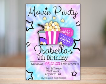 MOVIE INVITATION GIRL Cinema Invitation Birthday Editable Movie Party Birthday Invitation Backyard Movie Party Invitation Tie Dye invite