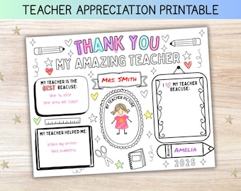 Teacher Appreciation Gift Printable, Teacher Thank You Coloring Page Kids, All About My Teacher Gift, Thank You Teacher Appreciation Card