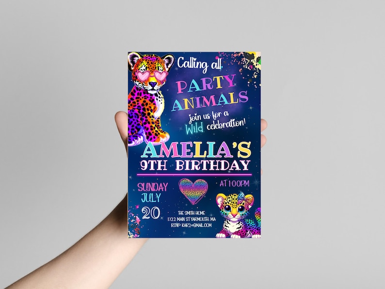Puede incluir: Una invitaci&oacute;n de fiesta de cumplea&ntilde;os azul y morada con un guepardo arco&iacute;ris y el texto "Calling all PARTY ANIMALS Join us for a wild celebration! AMELIA'S 9TH BIRTHDAY SUNDAY JULY 20 AT 100PM THE SMITH HOME 1122 MAIN ST YARMOUTH MA RSVP KAR-GMAIL.COM"