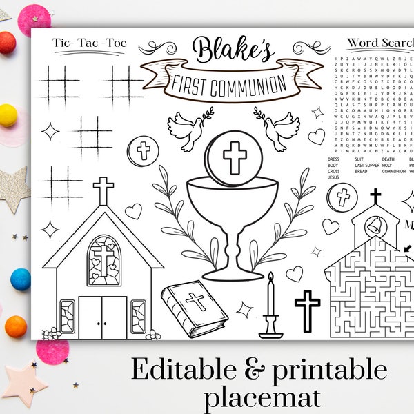 First Communion Coloring Placemat, Personalized, Digital File, Printable, Holy Communion, Activity Mat, first communion party,holy communion
