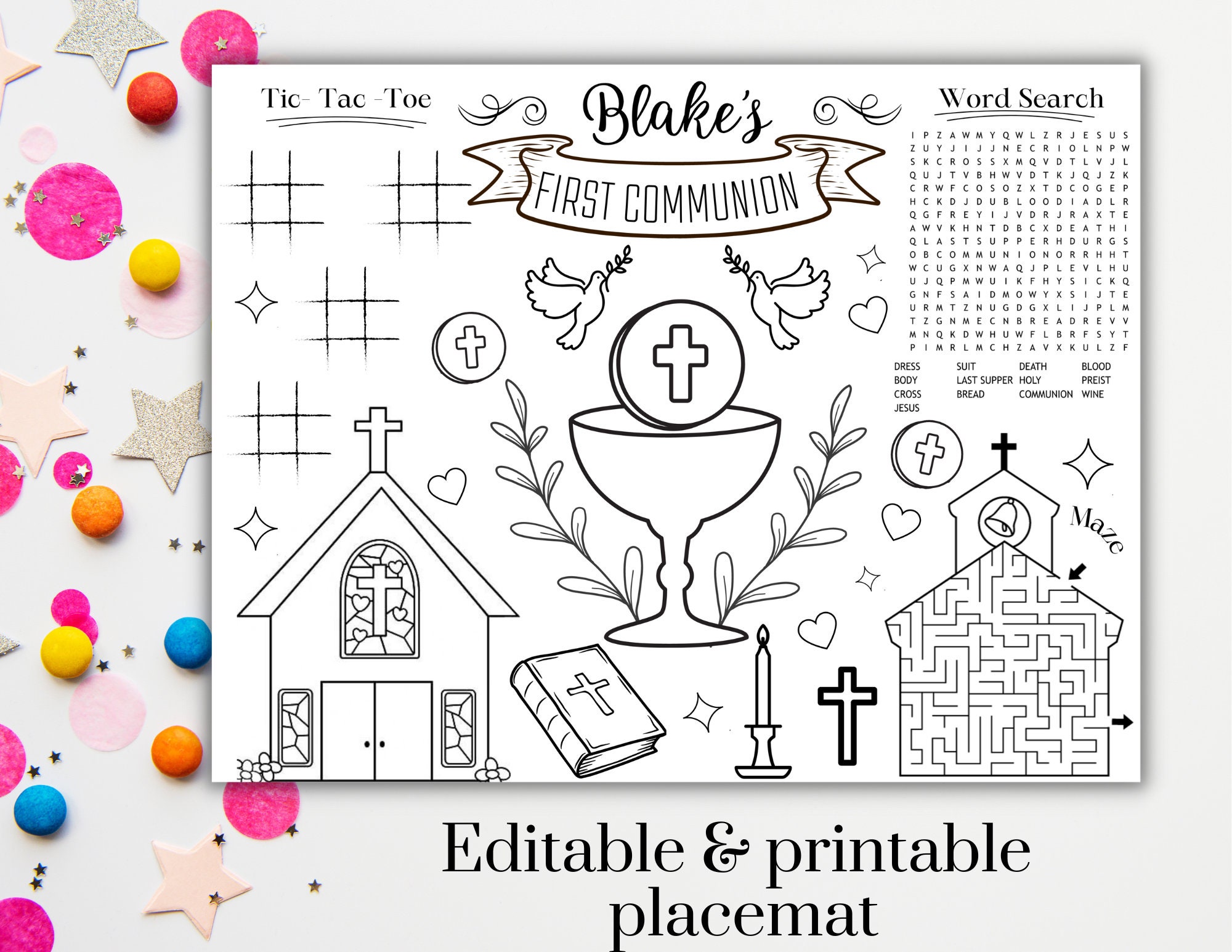 PRINTABLE First Communion Coloring Placemat, Digital File, Printable, Holy Communion, Activity Mat - Etsy printable-first-communion-coloring-placemat-digital-file-printable-holy-communion-activity-mat-etsy