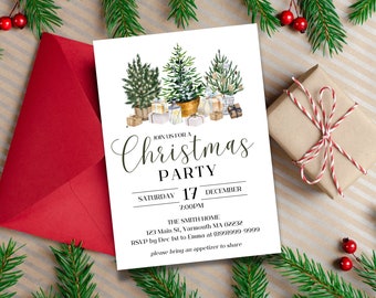 Puede incluir: Una invitación a una fiesta de Navidad blanca con una ilustración de acuarela de tres árboles de Navidad decorados. El texto dice "Join us for a Christmas Party, Sábado, 17 de diciembre, 7:00 PM, The Smith Home, 123 Main St, Yarmouth MA 02232, RSVP antes del 1 de diciembre a Emma al (899)999-9999, por favor traiga un aperitivo para compartir."