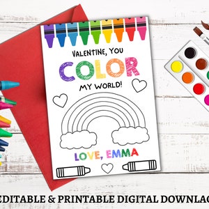 Valentine Cards for Kids PRINTABLE, Color My World Valentines, Valentine's Card for Watercolor Paint, Non Candy Free Class Classroom Teacher