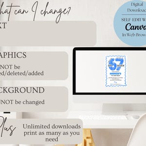 May include: A computer monitor displays a blue and white invitation design for Andrew's 67th birthday. The design is in a stamp style with the text "SIX SEVEN" and "ANDREW'S 67TH BIRTHDAY". The image also includes text about editing with Canva.