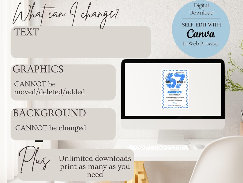 May include: A computer monitor displays a blue and white invitation design for Andrew's 67th birthday. The design is in a stamp style with the text "SIX SEVEN" and "ANDREW'S 67TH BIRTHDAY". The image also includes text about editing with Canva.