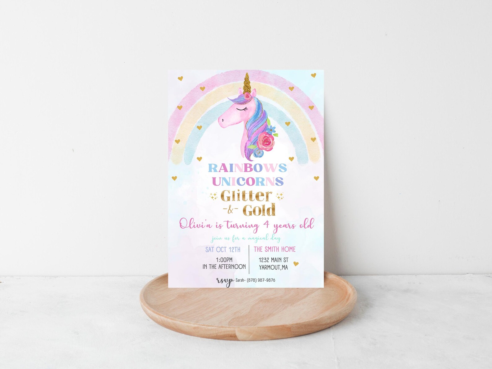 Unicorn Rainbow Birthday Invitation Unicorns Rainbows Sparkles and Gold ...