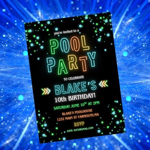 Neon Pool Party Birthday Invitation Boys Blue Green Summer Invite Glow Pool Party Canva Swim Party E-vite birthdayinvitation E-vite, NEON