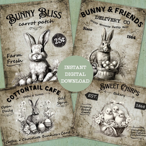 Vintage Easter labels, printable Easter rabbit decor, DIY Easter craft, Easter tags, bunny print, Easter eggs, digital download, Printable