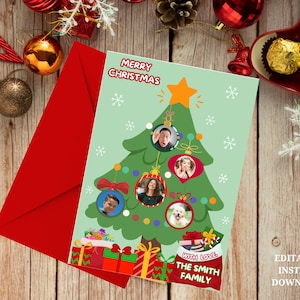Biglietto di Natale per la famiglia, biglietto di Natale con foto divertente, albero di Natale - biglietto di auguri stampabile, biglietto di Natale con foto di famiglia, biglietto di Natale modificabile