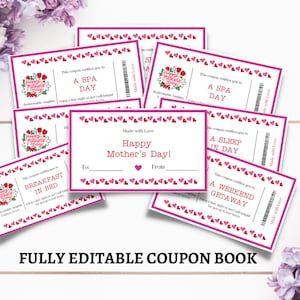 Mother&#39;s Day Coupon Book for Her, Printable Coupons, Editable Love Coupons, Birthday Gift for Her, Mother&#39;s Day Gift, Printable mothers day