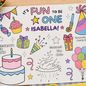 Peut inclure: Une feuille d'activités blanche avec des illustrations sur le thème de l'anniversaire, dont un gâteau à deux étages, un chapeau de fête, des cadeaux et des ballons. Le texte indique IT'S FUN TO BE ONE ISABELLA!, DECORATE THE CAKE, DECORATE THE PARTY HAT, et Connect the dots.